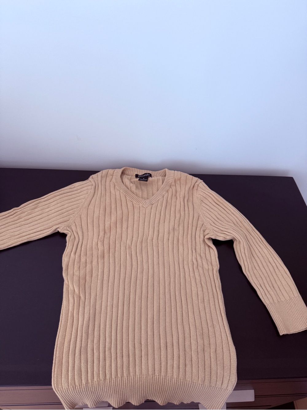 Ribbed V-Neck Sweater — Tan